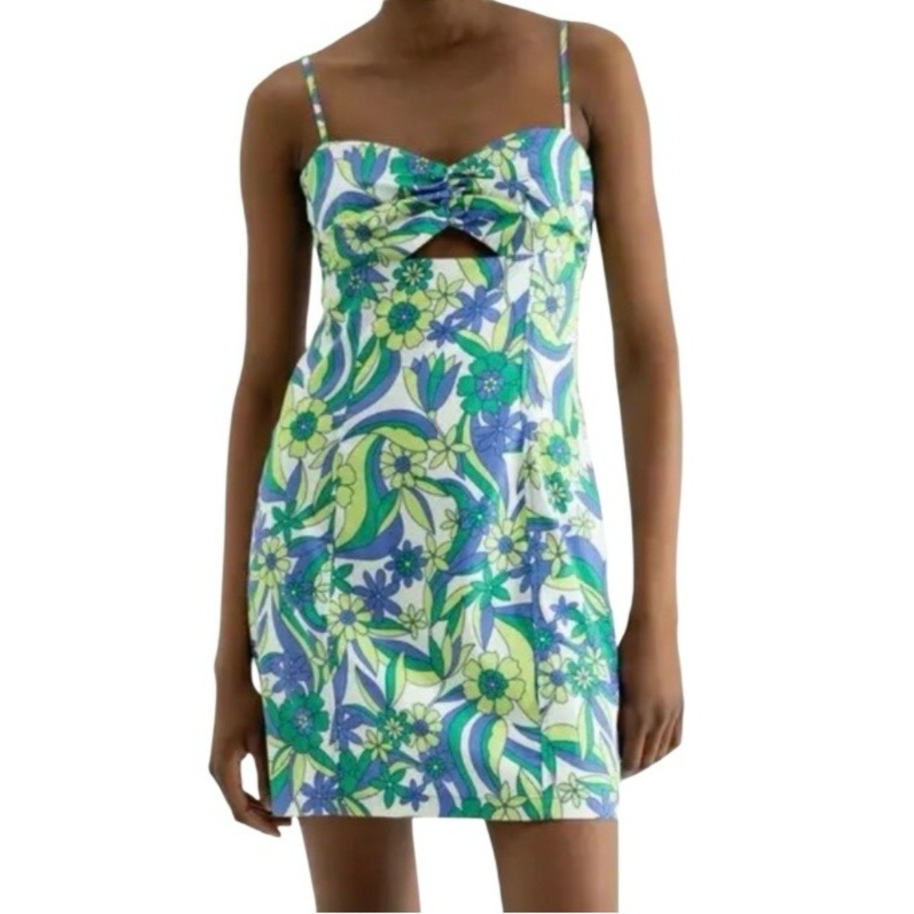 Zara Bright Floral Cutout Mini Dress in Blue & Green Spaghetti Straps Retro Sz M