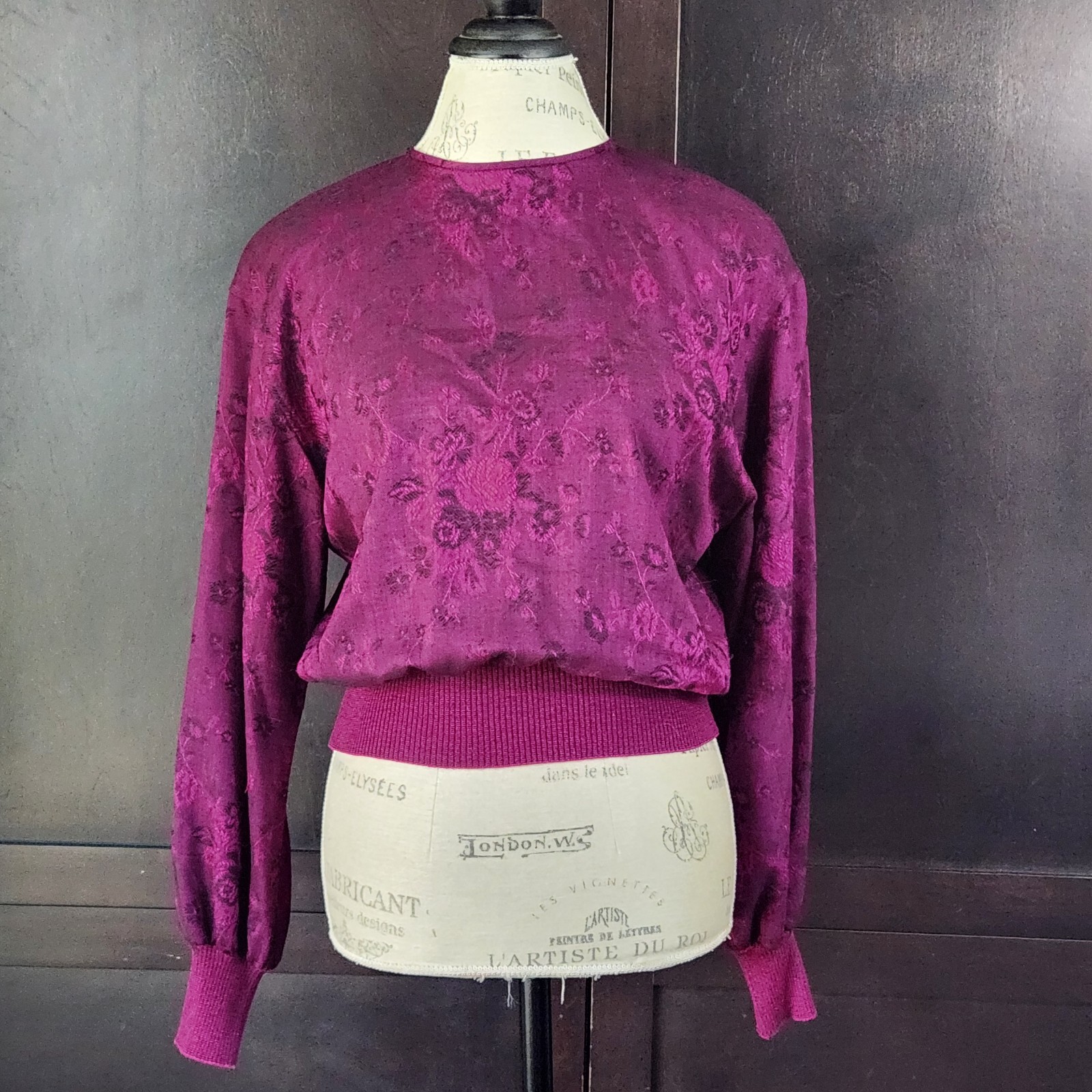 Vintage Ungaro Parallele Fuchsia Damask Floral Blouse W/Ribbed Cuffs/Waist SZ 6