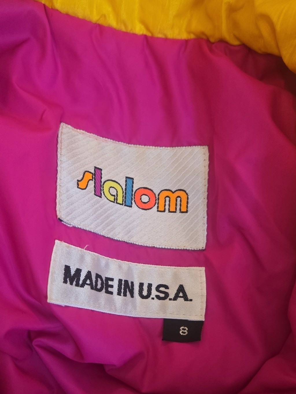 Slalom Vintage Bright Pink and Yellow Colorblock Puffer Jacket