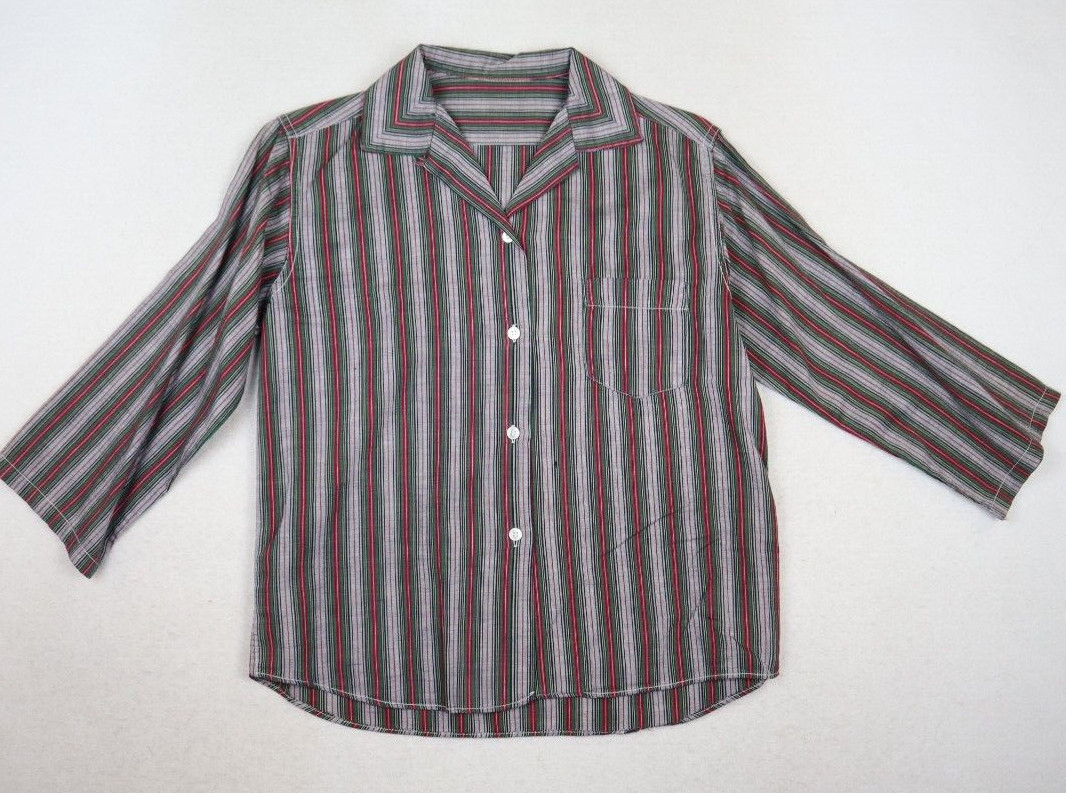 Vintage Women’s Top Size S Gray Green Red Striped 3/4 Sleeve Button-Up Shirt