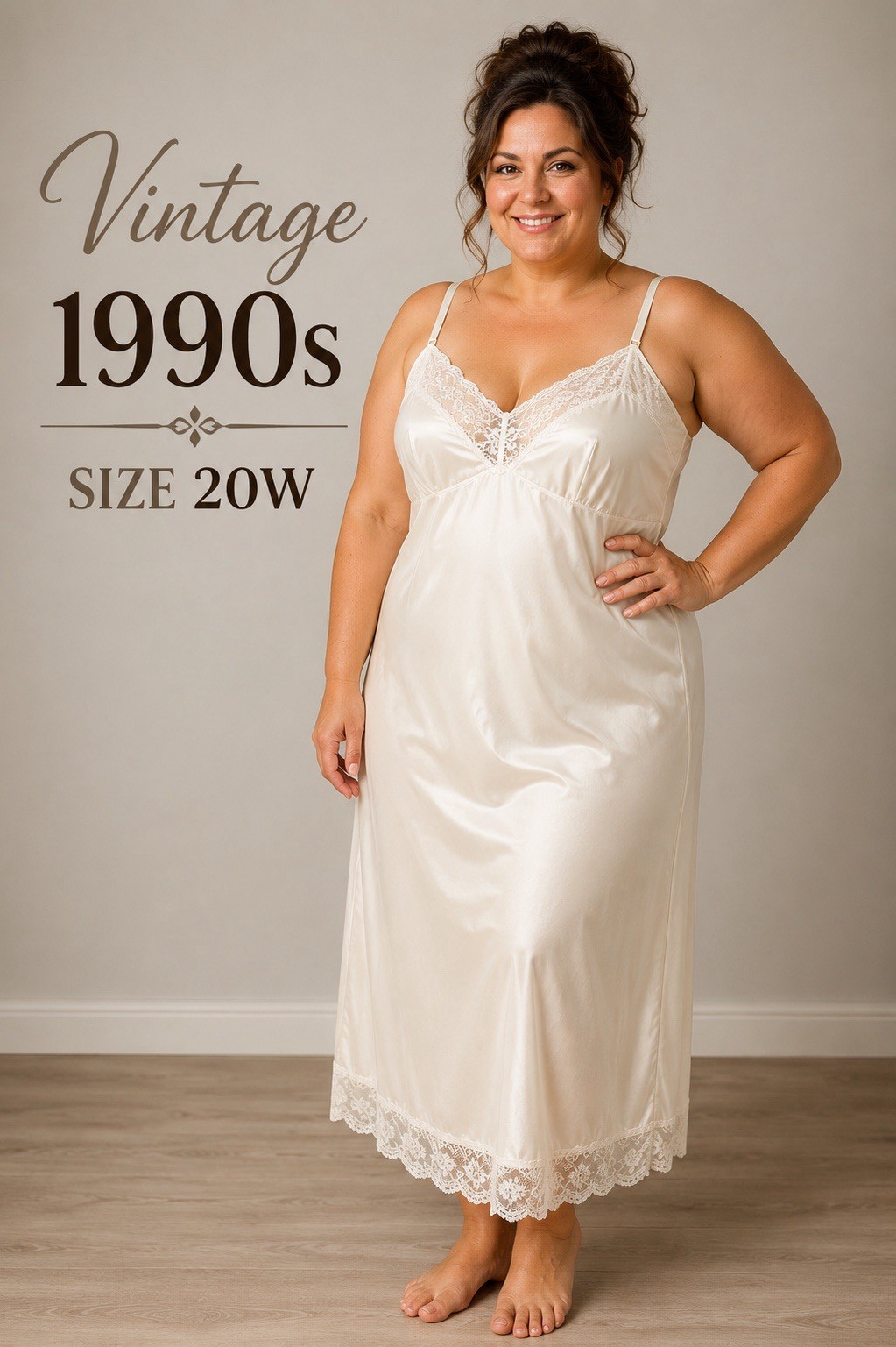 Vintage 1990s Ivory Full Slip Lace Trim Nylon Tricot Plus Size 20W USA