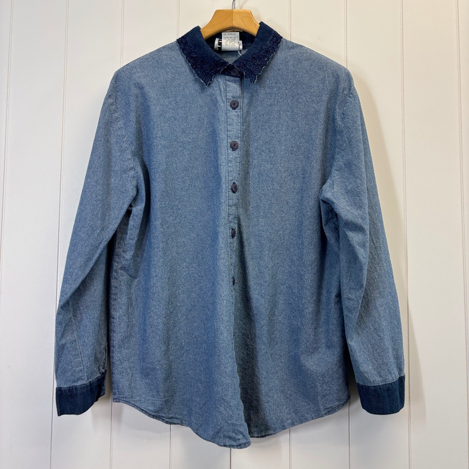 Vintage Teddi Women Cottage Coastal Grandma Chambray Top Size XL 90s Prairie