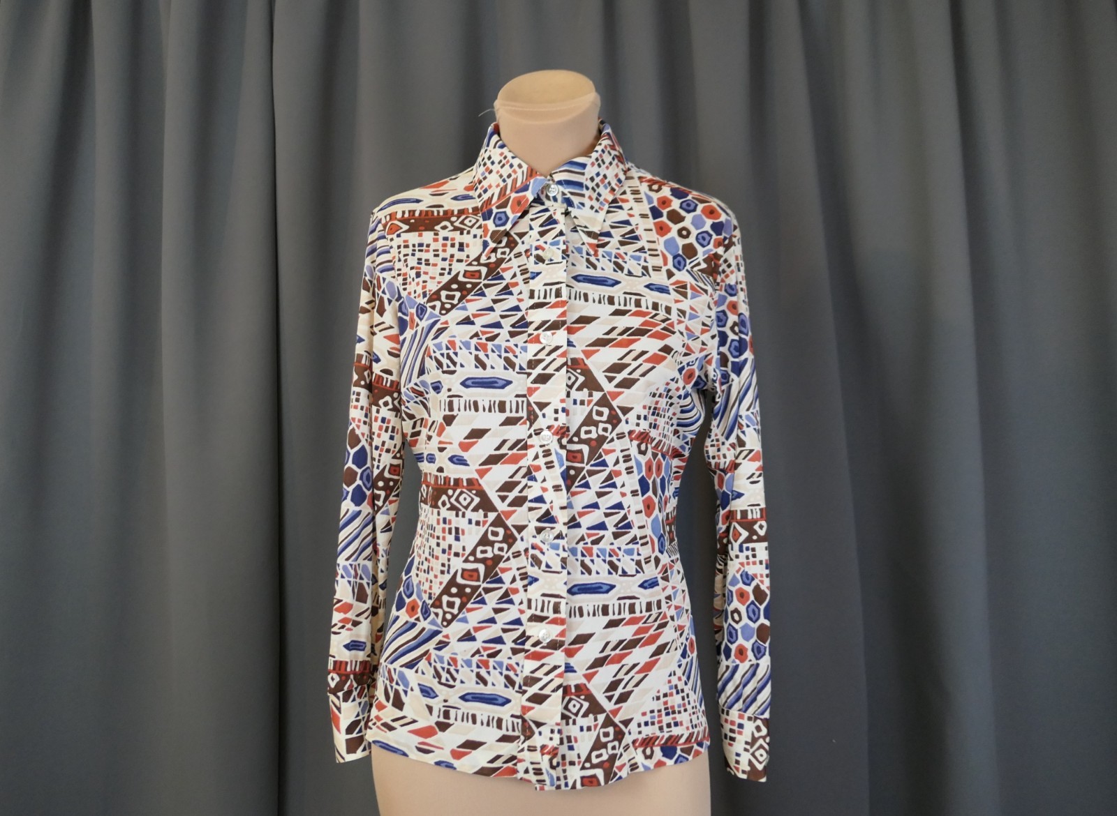 Vintage Blue & Brown Print Nylon Shirt Blouse, 1970s 38 bust, dagger collar