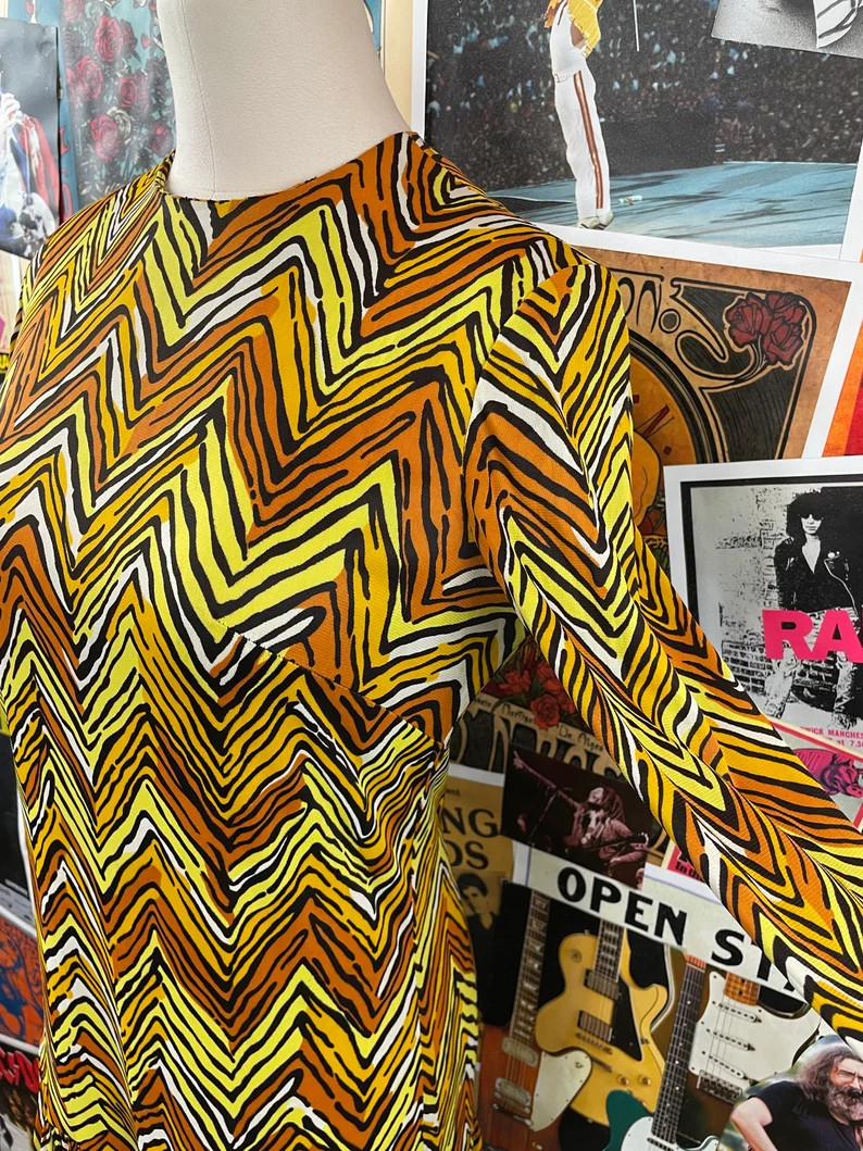 Vtg 60s Yellow Mod Zig Zag Drop Waist Dress Womens Small Psychedelic Gogo Sz 2/4