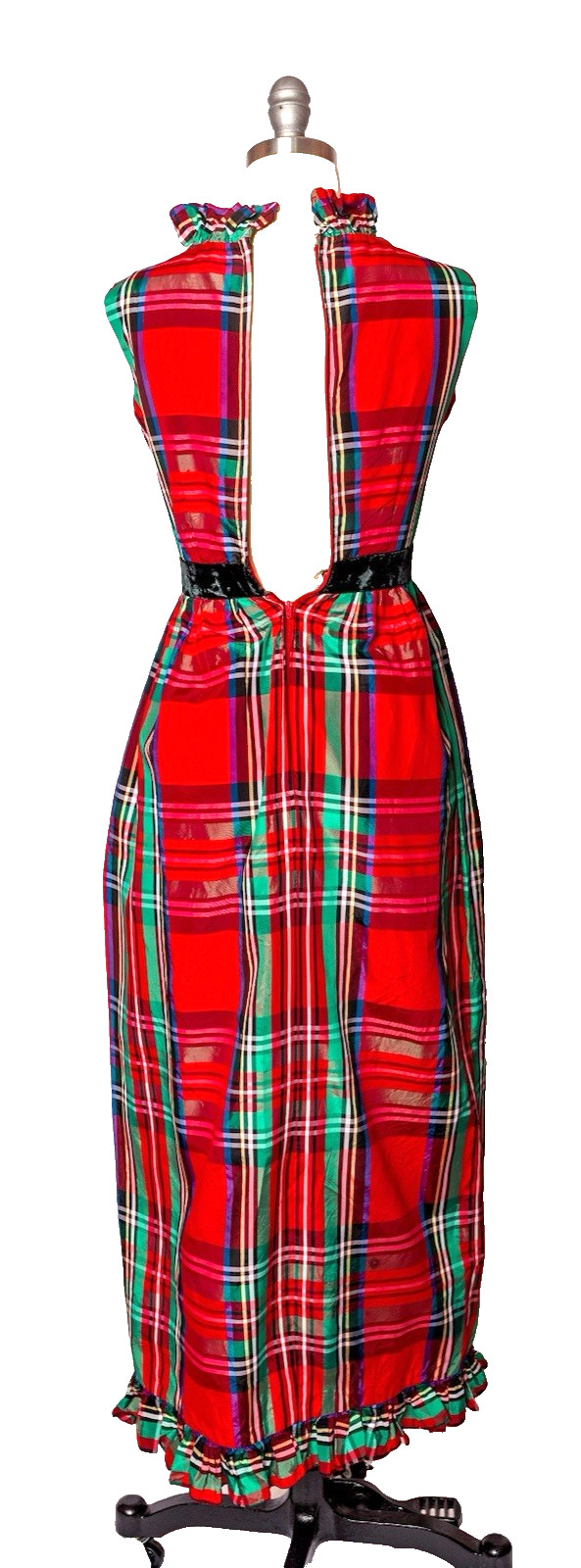 Vintage Norman Sacks Long Red Plaid Ruffled Dress Size XS