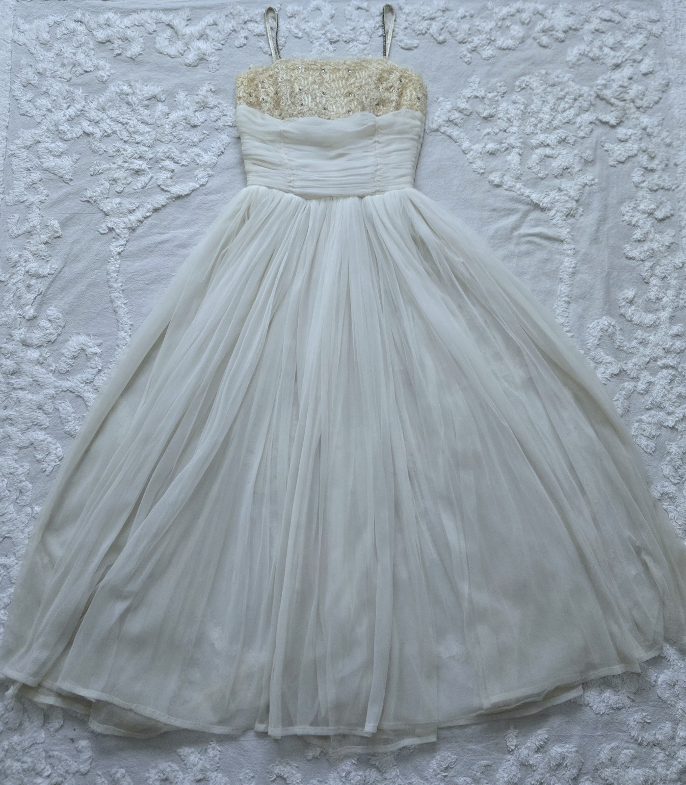 Vtg 1950s 60s Rhinestone Ruched Party Dress, Wedding, Bridal