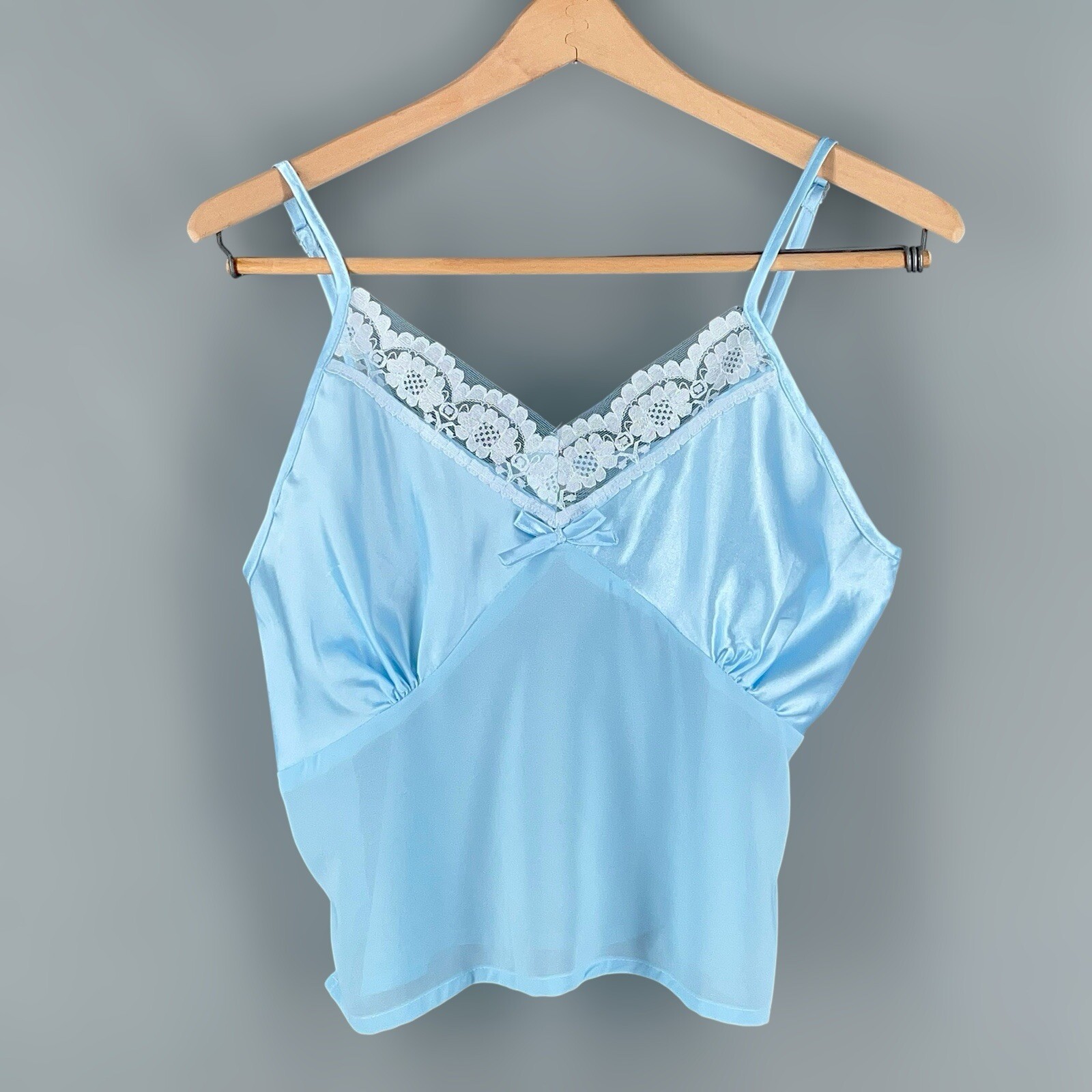 Y2K Blue Sheer Mesh Satin Cami Camisole Cropped Lace M