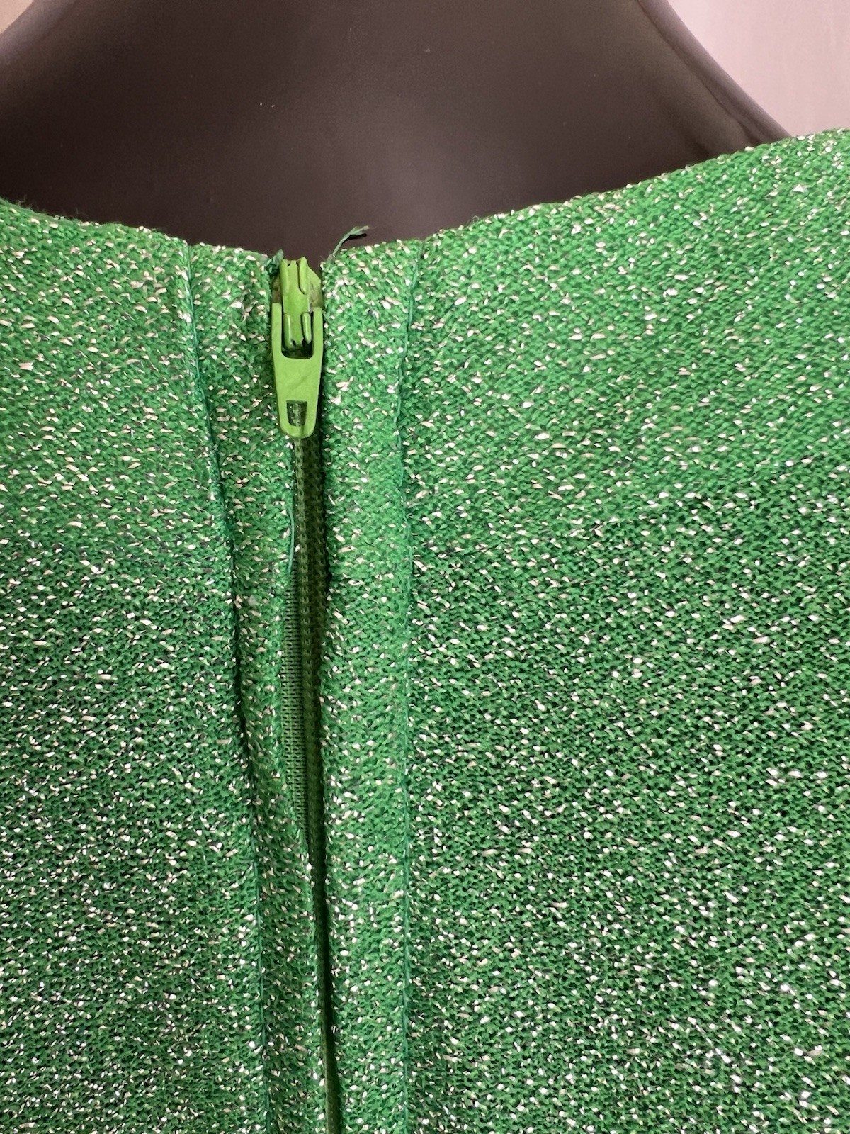 Vtg 1970s Hostess Dress Metallic Silver & Bright Green Maxi Cut Out Detail M/L