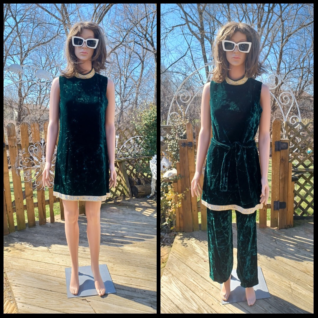 True Vtg Mid-century 1960s Mod Mini Dress Pant Set Velvet Go-Go Sz 11 MCM GROOVY