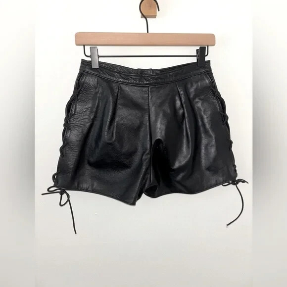 Vintage Whitaker USA 100% Leather Side Lace up Biker-Festival Shorts Size 7/8
