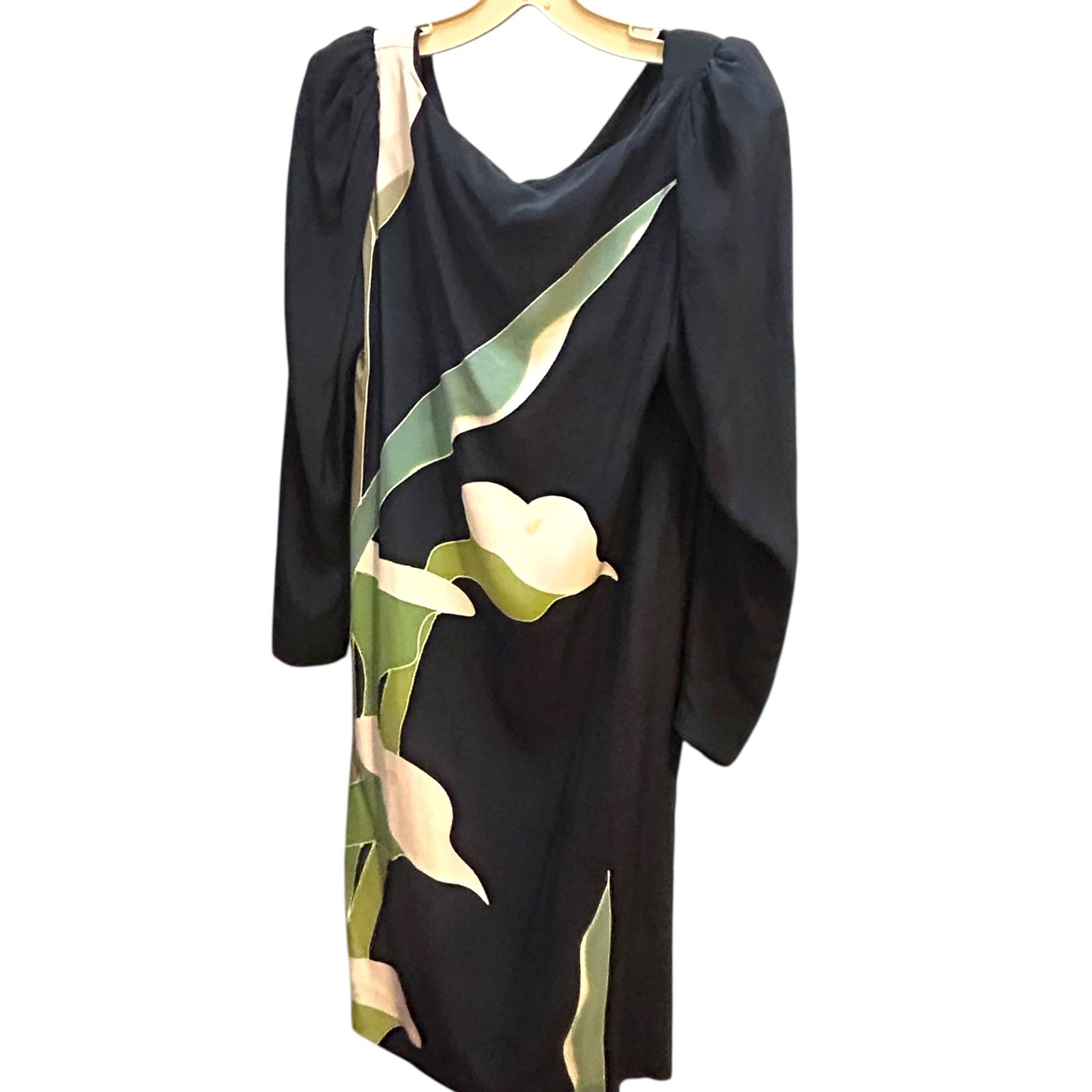 Vintage Navy Calla Lily Dress 1980s Puff Sleeves Size Small Shift Sutherland