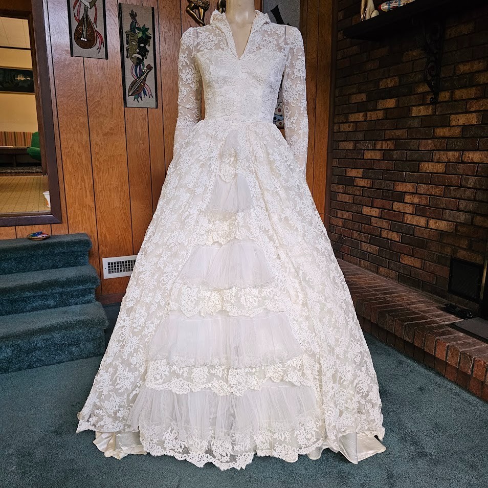 Vtg 50s Floral Bows Lace Netting Wedding Gown Cupcake Cathedral Train Dress XS/S
