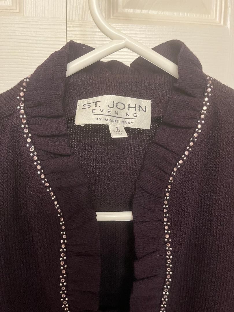 VINTAGE ST JOHN EVENING CARDIGAN WITH SKIRT BY MARIE GRAY VIOLET COLOR , SIZE 8