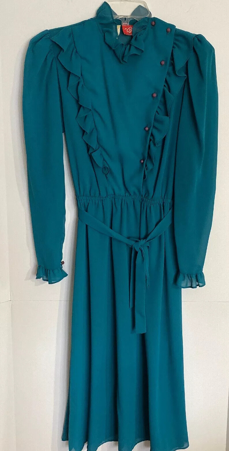 Vintage L.M Clyde LTD by Anna Marie Dress Teal Chiffon Size 9-10 Sheer Ruffles