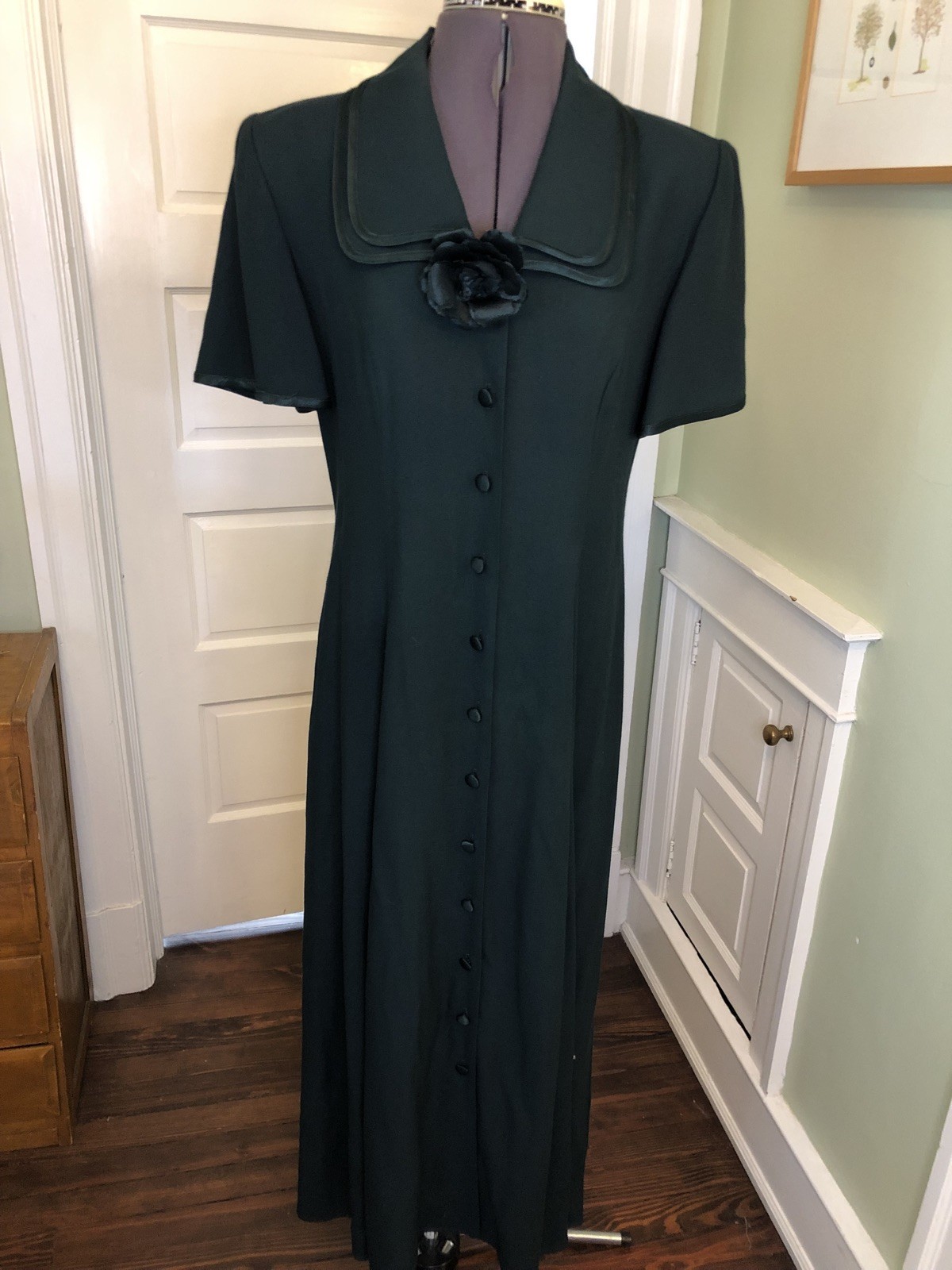 80s John Roberts Forest Green Short Sleeve Button Down Dress M