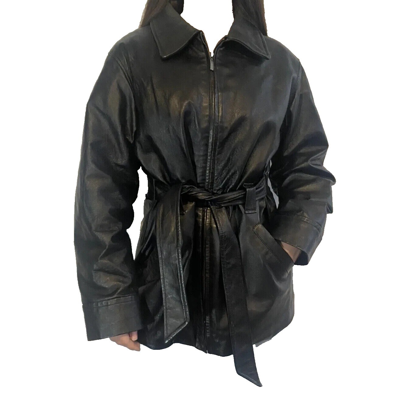 Size XL FITZ WRIGHT Vintage VTG Black Leather Zip Belted Coat Jacket
