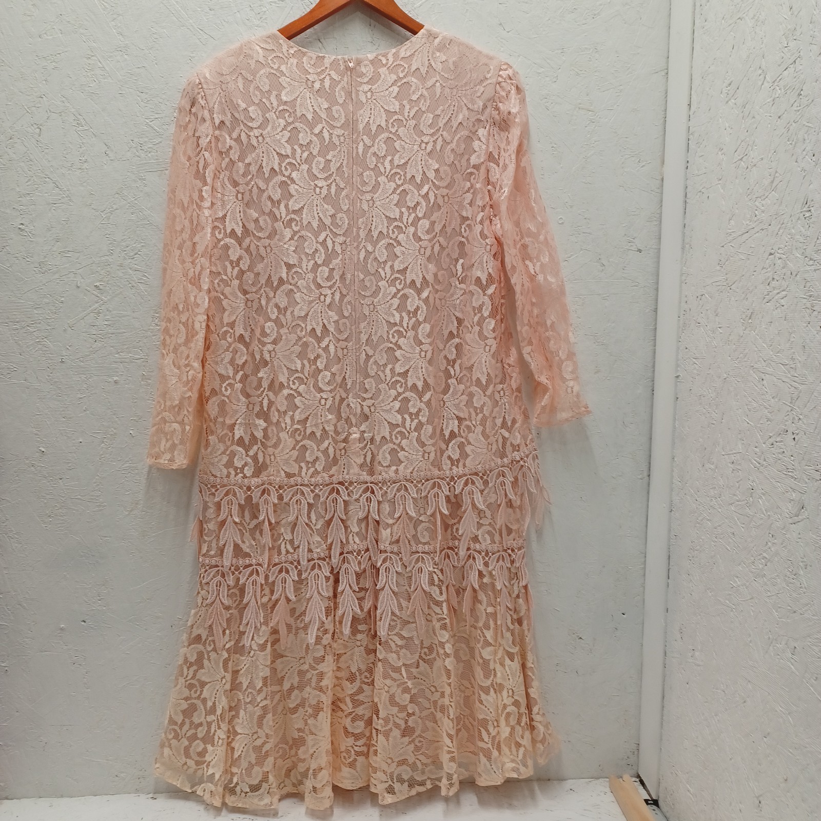 Vintage David Rose lace dress pinkNude long sleeve tassle trim Midi 18W