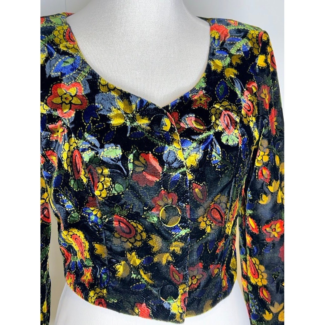 Vintage French Connection Floral Velvet Burnout Cropped Jacket Multi-Color 90s M