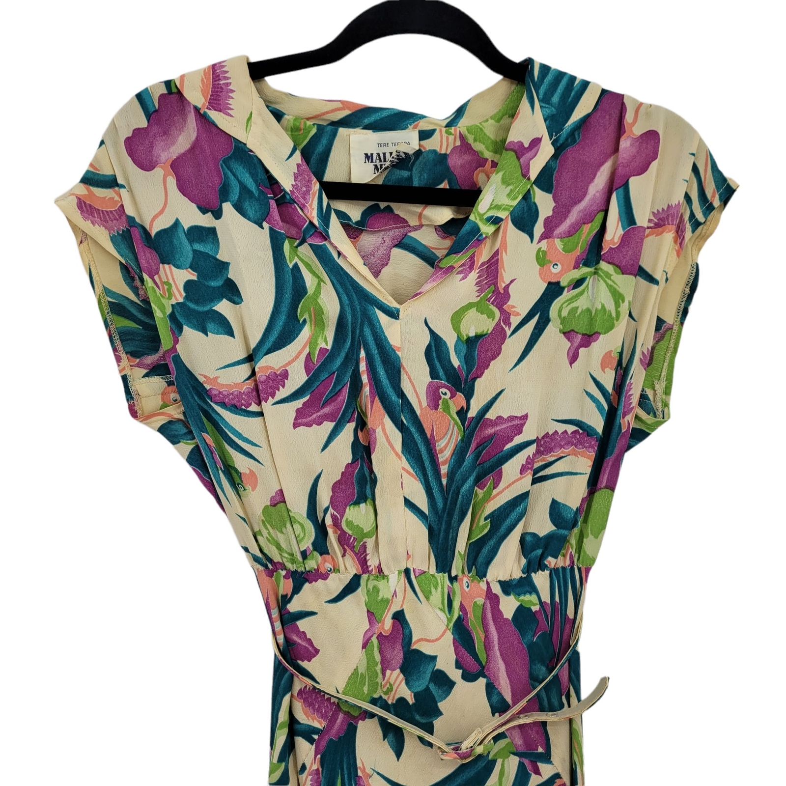 Vintage 70’s Women’s Dress XXS Peter Pan Belted Midi Tropical Love Bird Parrot