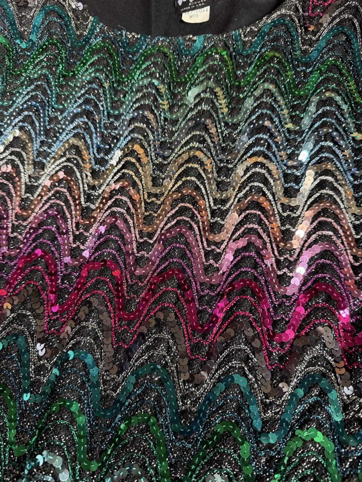 Vintage 1980s Rio Blouse Multicolor Rainbow Zigzag Sequin Party Top Made in USA