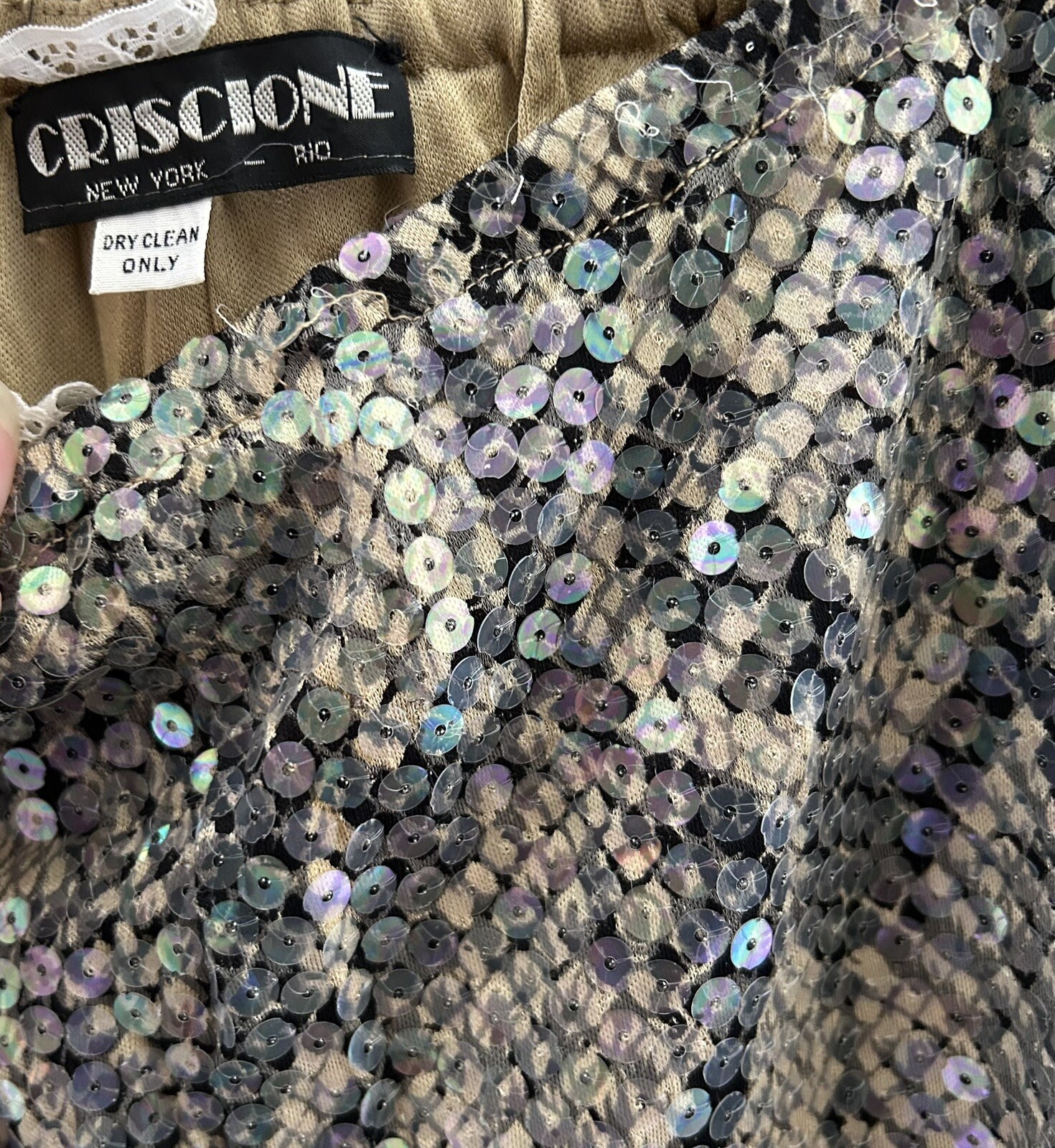 Vintage 80s Luxury Pant Suit Sz S Sequin Jersey Snakeskin Rhinestone CRISCIONE