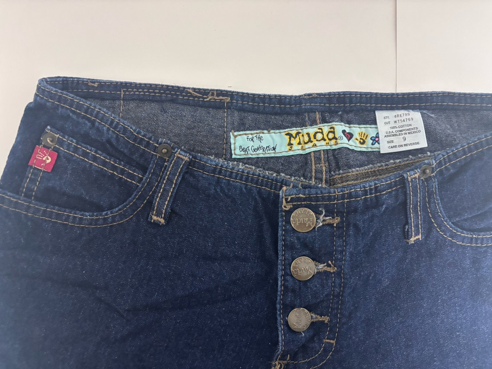 Mudd Low Rise Jeans Juniors Flare Blue Denim, Size 9, Butyon Front Vintage 90s
