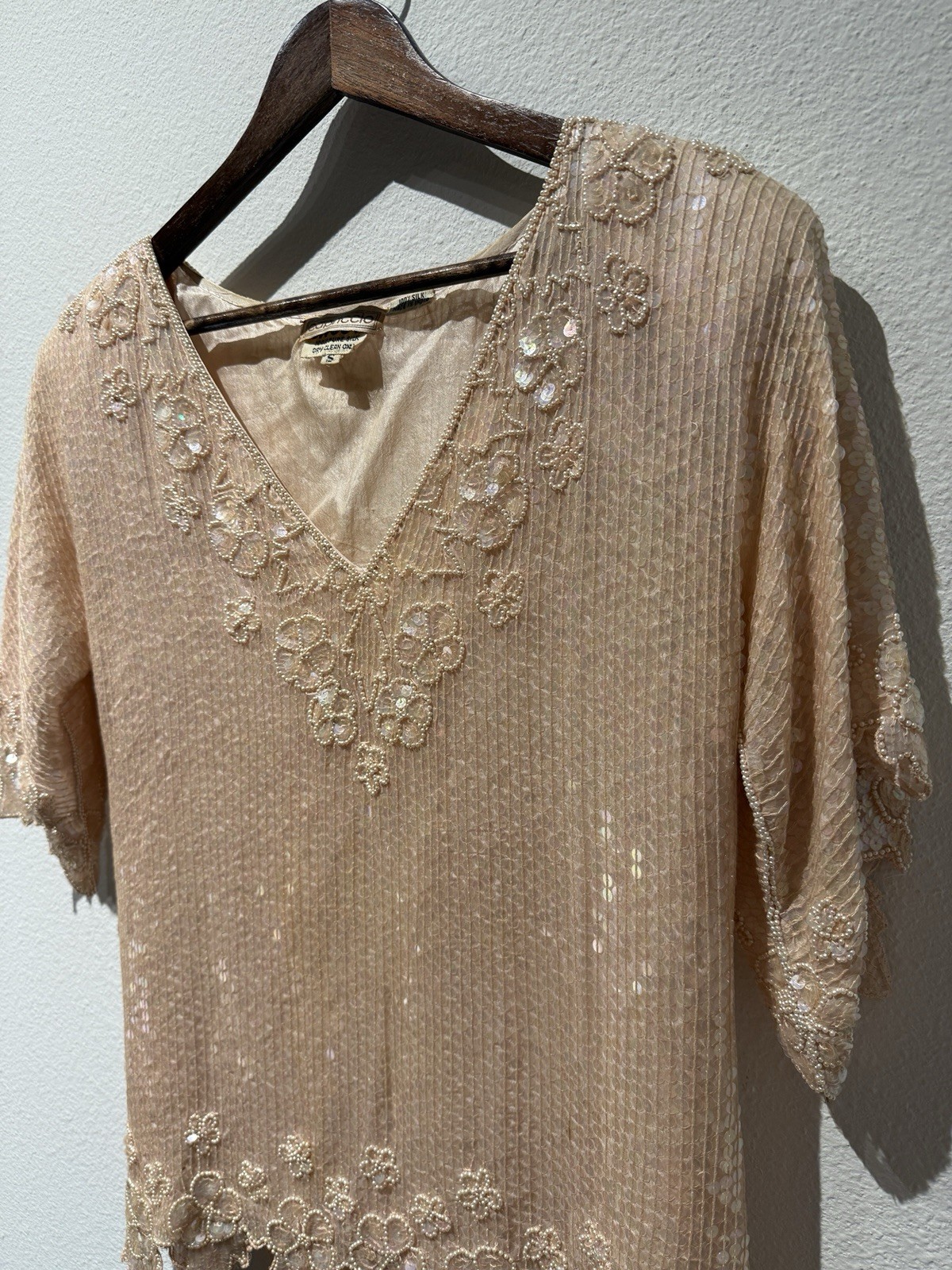 Vtg 80’s Capriccio Women’s Floral Sequin Silk Top Scalloped Art Deco