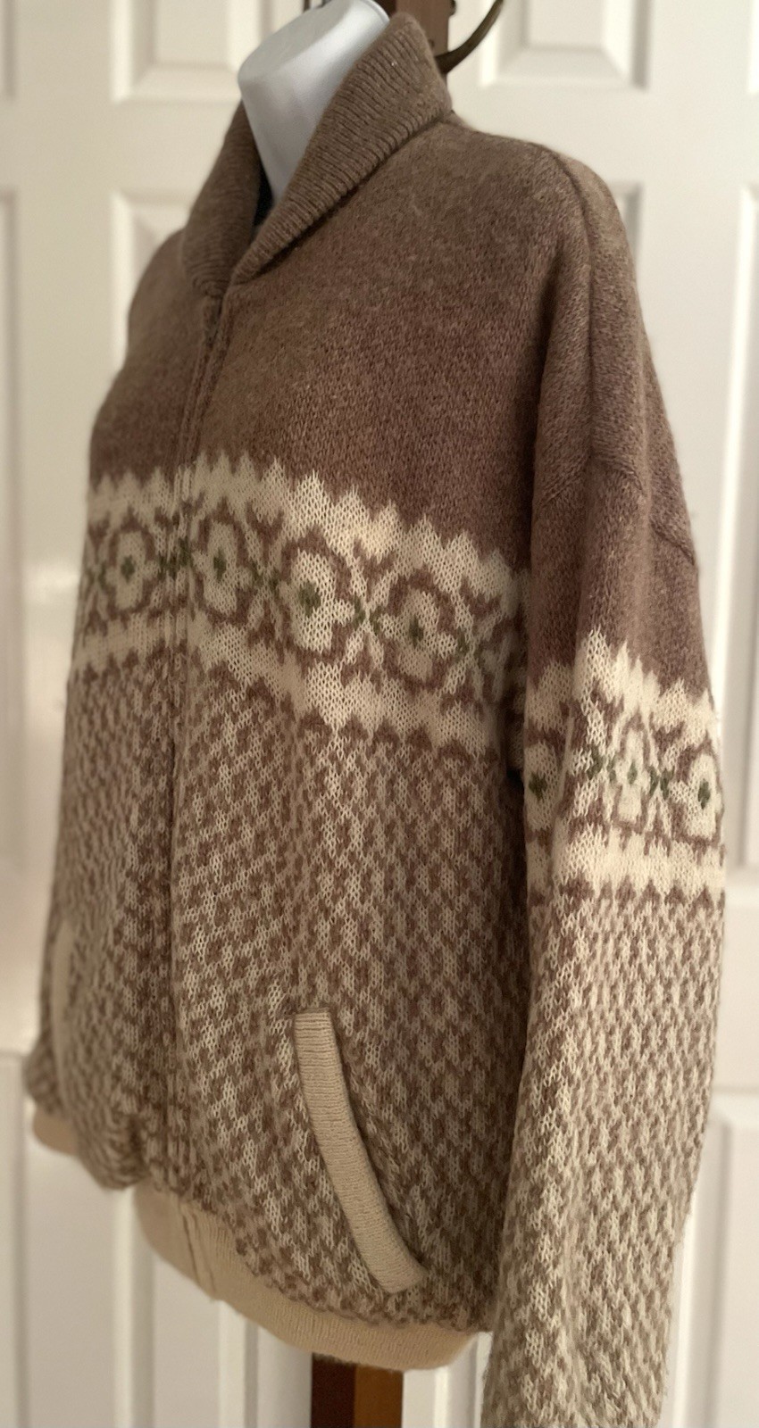 Vintage Tundra 100% Pure Virgin Wool Zip Sweater- Women’s XL- Taupe Fair Isle