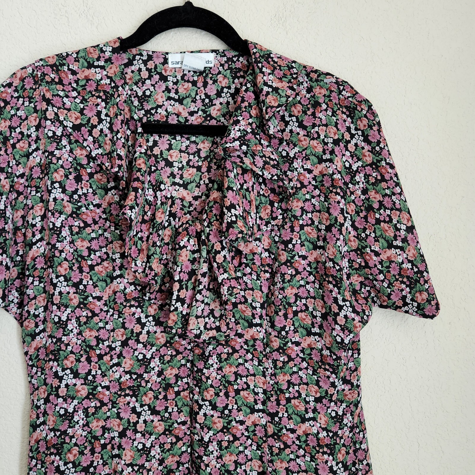 Vintage 90s Pink Floral sz 12 Ruffle Collar Romantic Tea Dress Midi cottagecore