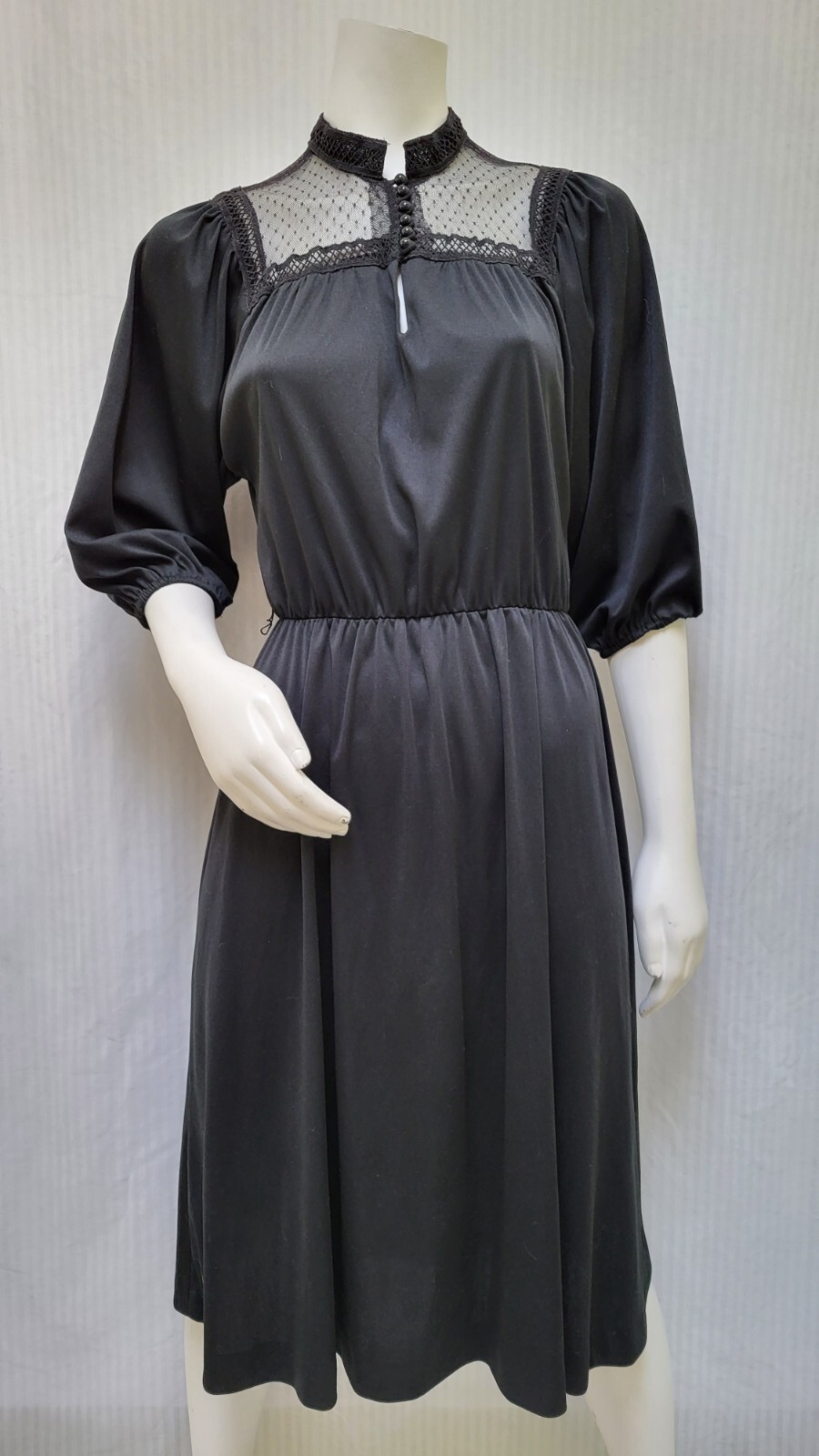 Vintage AMY DEB Black Knit Dress with Mesh Lace Yoke – Size M