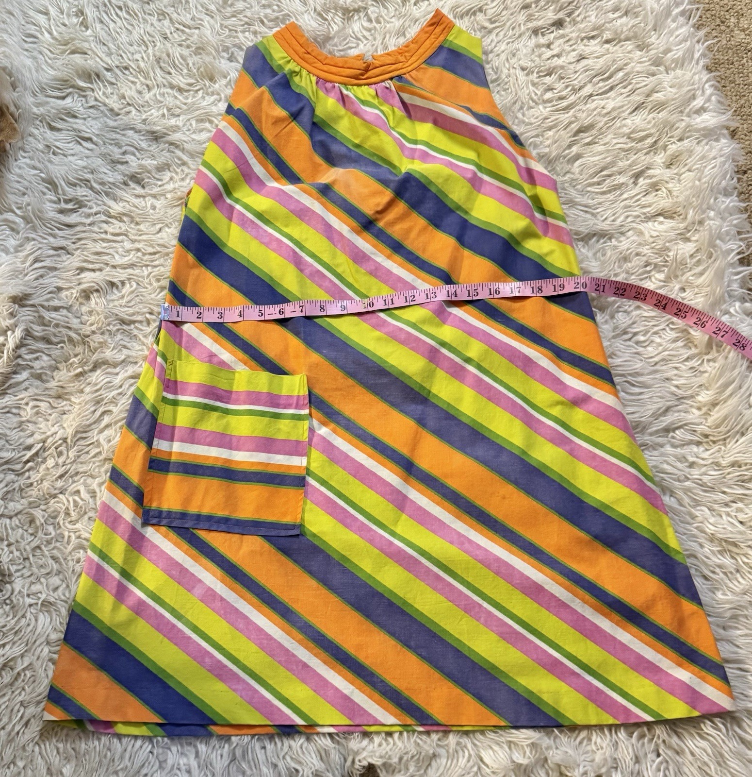 Vtg Stripe Tent A Line 60s Dress Quilted Collar Pocket Cotton XS S