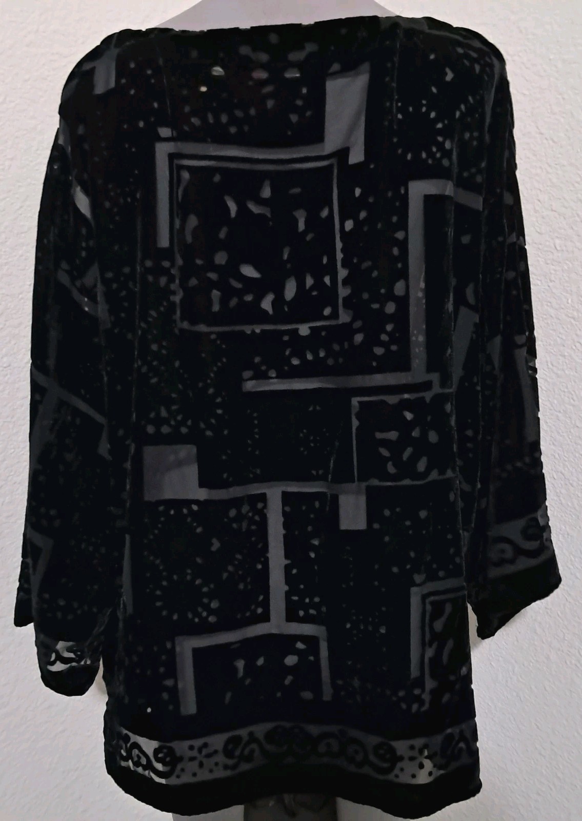 Burnout Velvet Kimono Jacket Black Beaded Tie Front Vintage Y2K L Sheer Devore