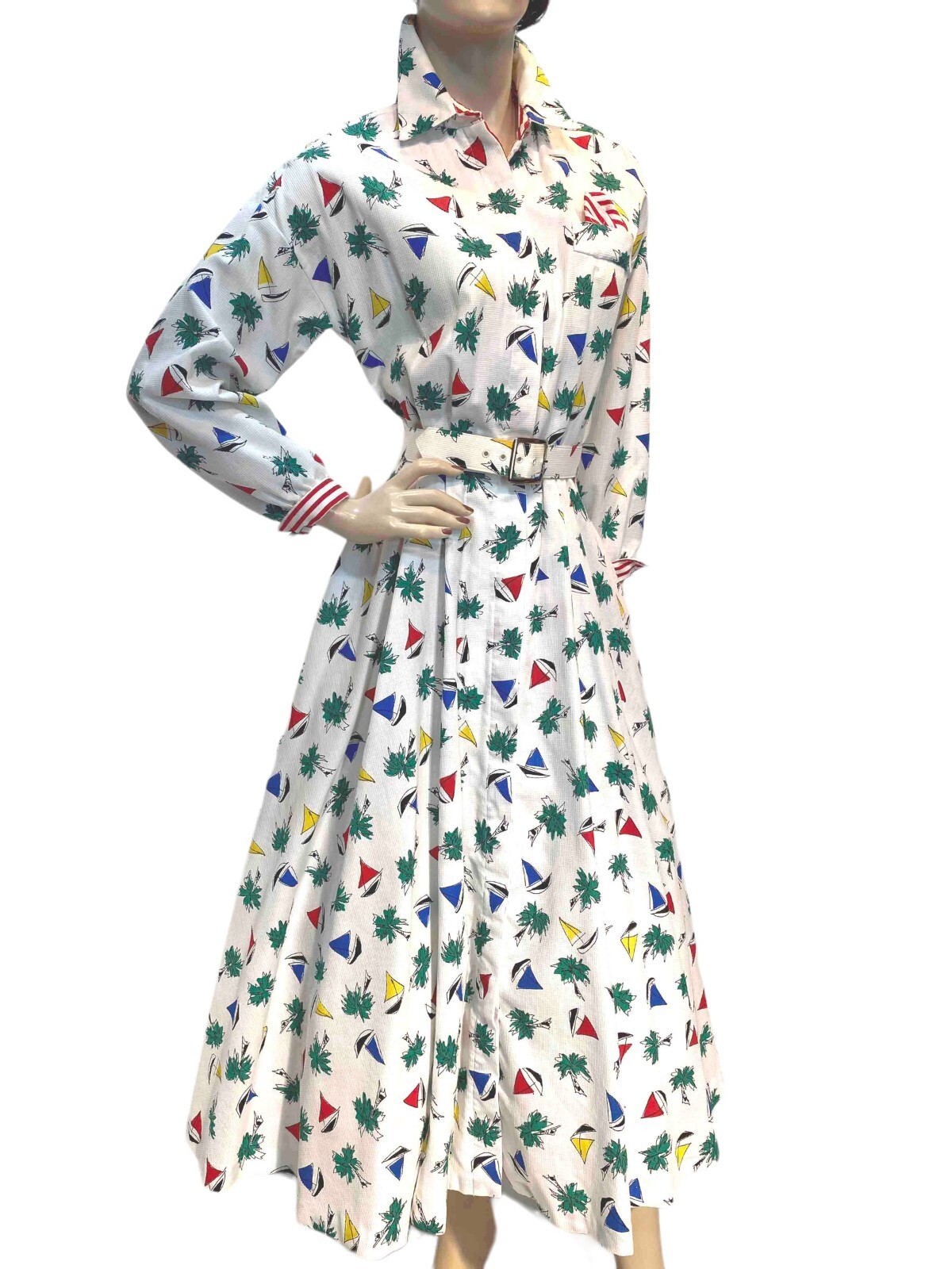 M Vtg 80s Sz 10 Nautical Shirtwaist Dress Pique Cotton Weave Novelty Sail Boat