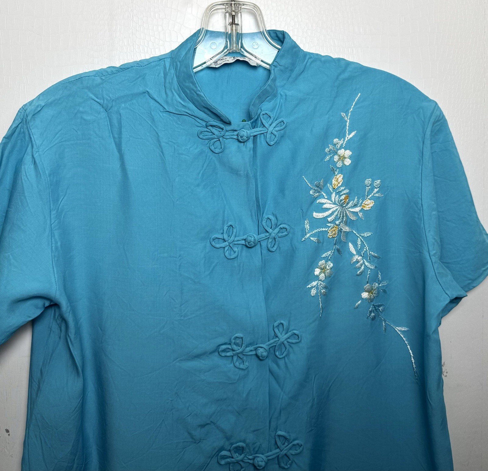 Vtg 80s Turquoise Mandarin Top M Floral Embroidered Frog Closure Rayon Japan