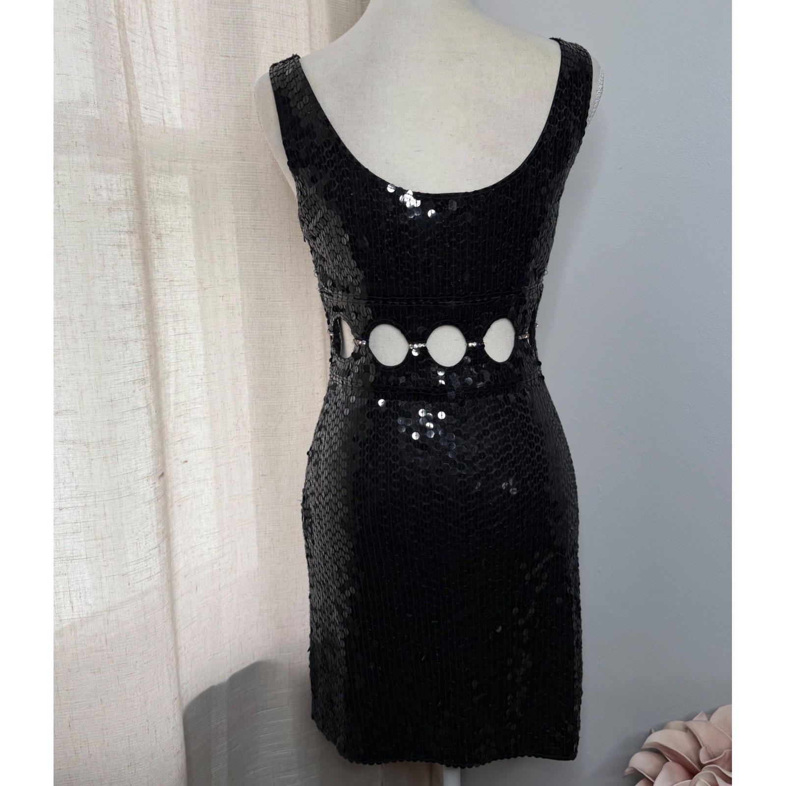 Vintage Niteline Della Roufogali Sequin Cutout Rhinestone Mini Dress Black 4