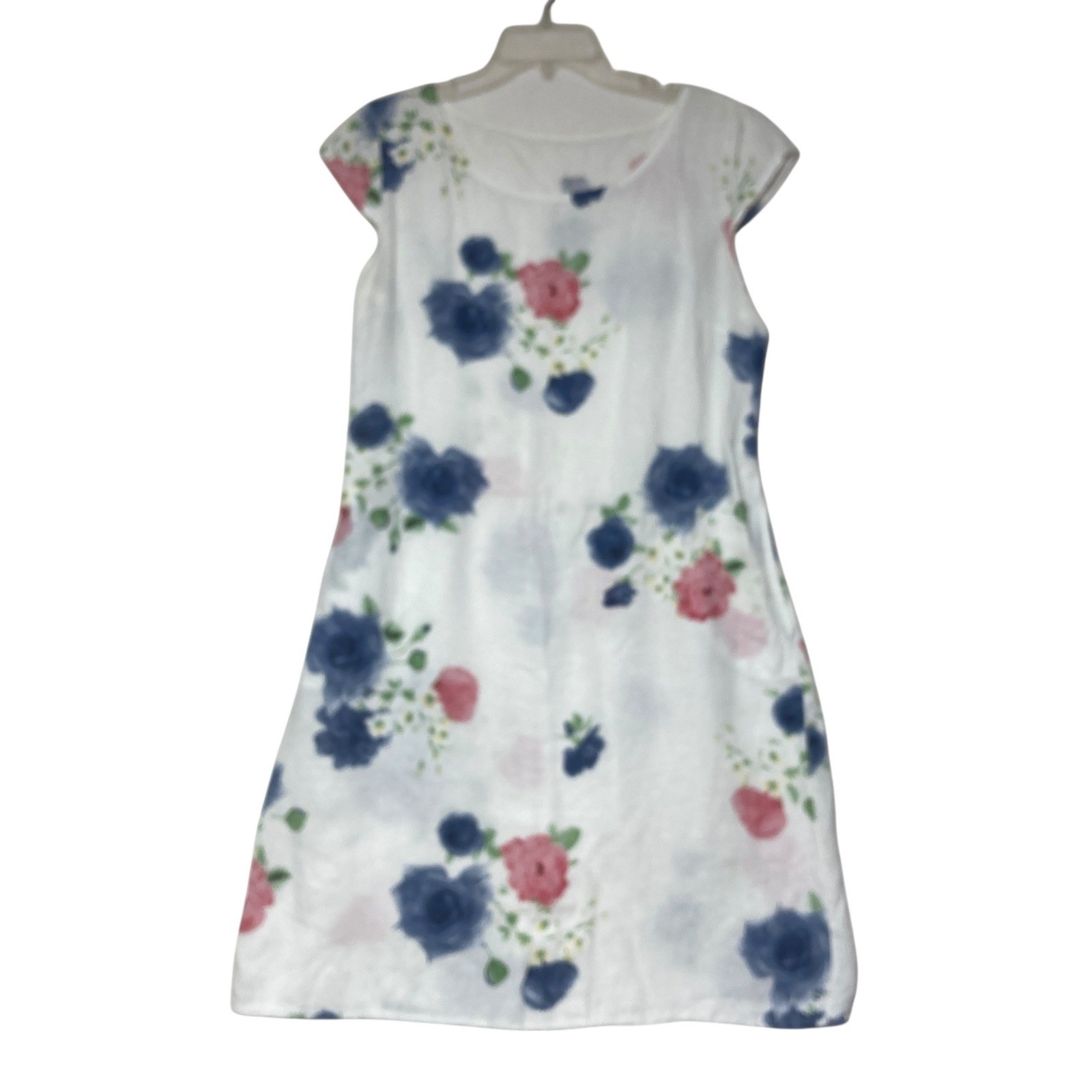 ITALIAN White Floral Rose Print Linen Cap Sleeve A-Line Dress XL Cottagecore