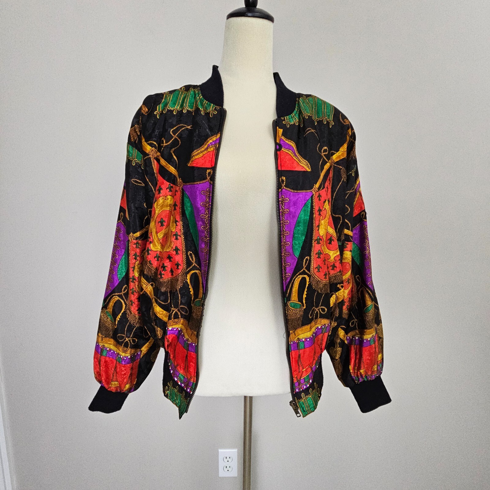 VTG Metro High Fashion Jacket Women L Colorful Full Zip Shoulder Pads Satiny Y2K