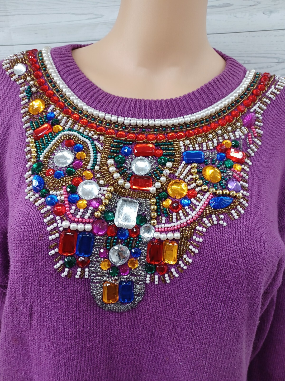 Vtg Victoria Harbour Purple Beaded Gold Sweater Embellished Size M