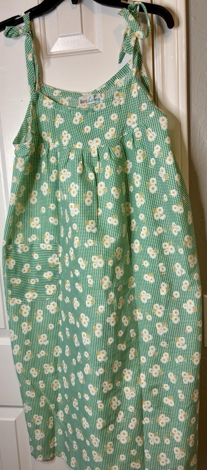Women’s Easy Living Vintage Green Daisy Gingham Dress Tie Strap Muumuu Sz S/M