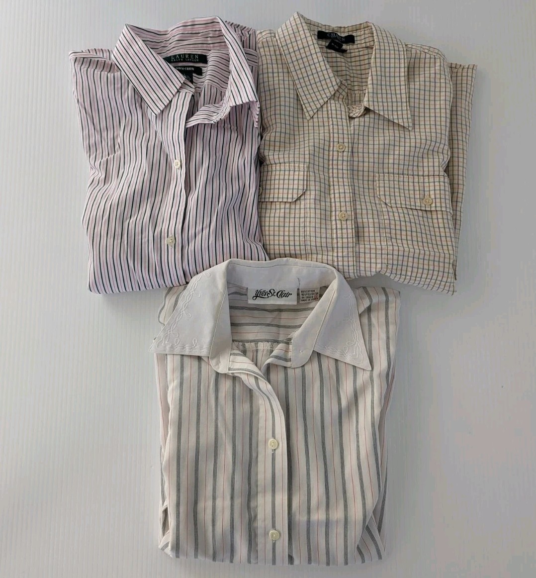 Lot 3 VTG Womens 8/LG Collared Button Blouses Yves St Clair Ralph Lauren Stripes