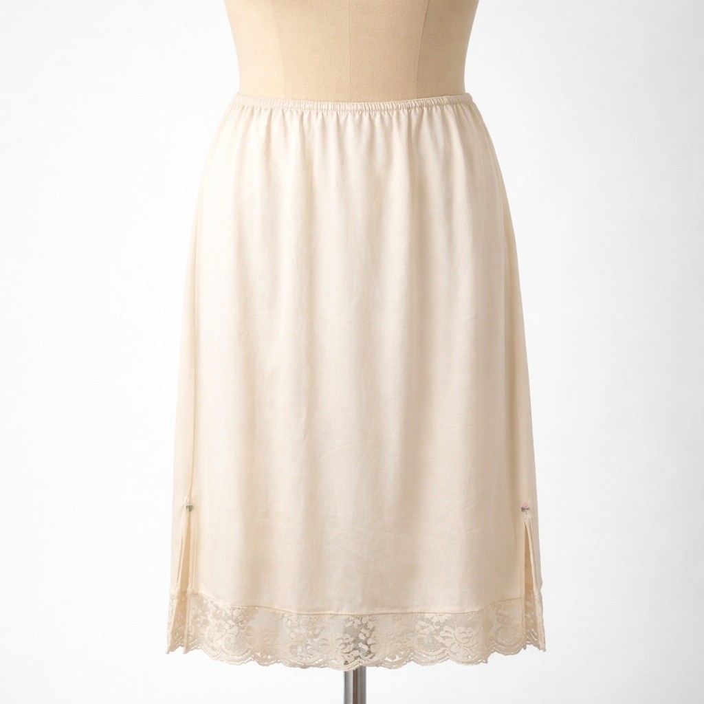 Vintage 80s Satin Lace Trim Half Slip 28″ Skirt Size S Cream Elastic Waist Retro