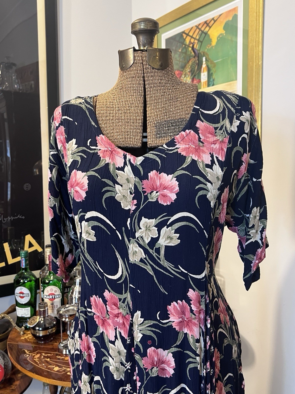Vintage 80s Starina Navy and Pink Floral Maxi Godet Dress