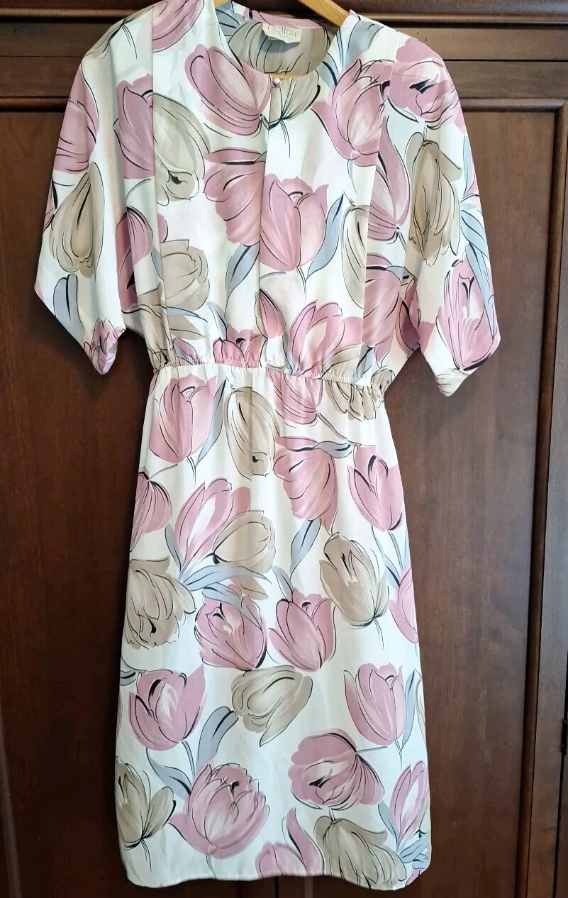 Vintage 80’s USA Pellini Von Bramlett Tulip Print Dress, Stretch Waist Size S-M