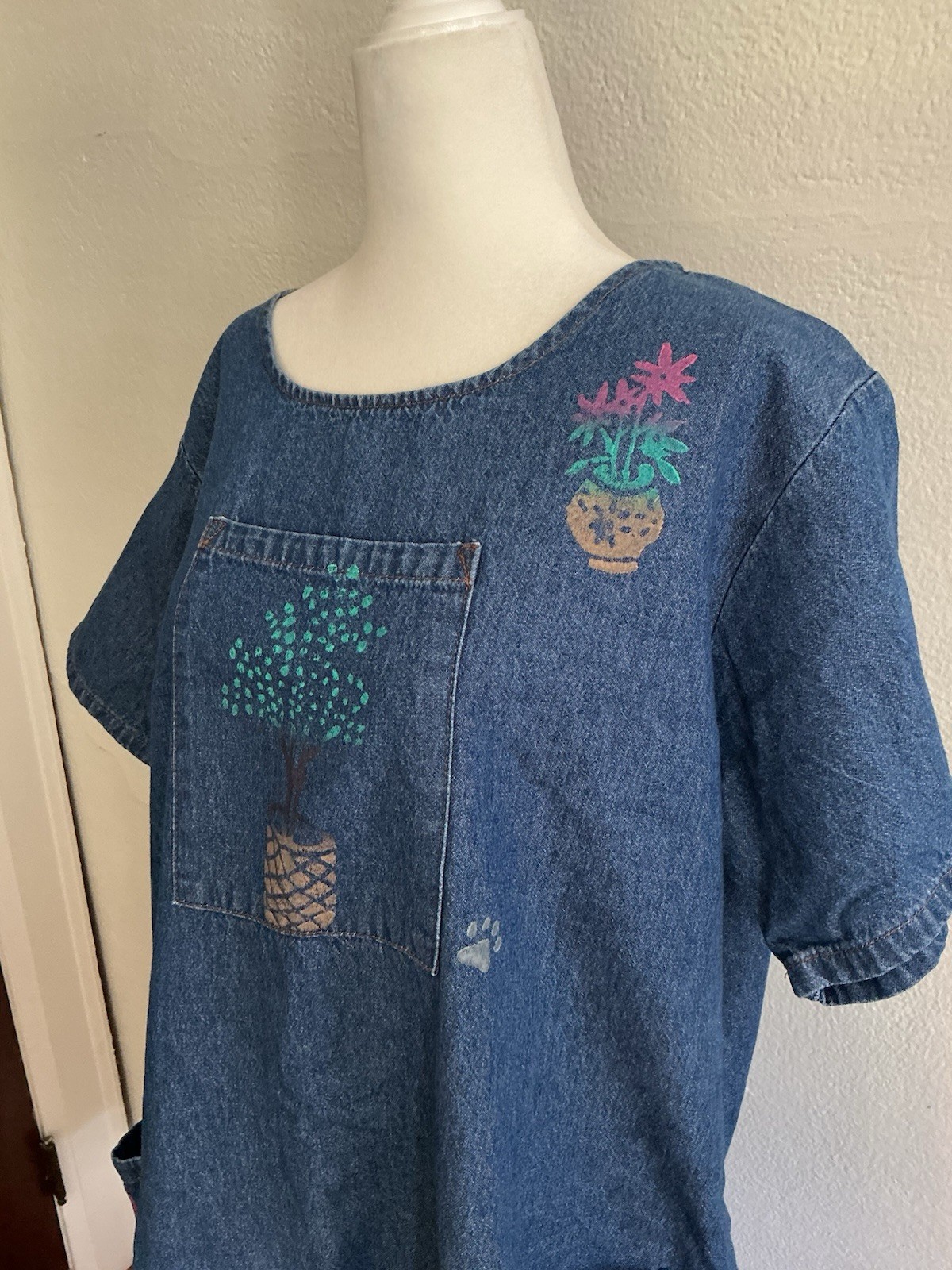 Vintage Rama USA Denim Dress Pockets Smock Hand Painted Cats Plants Comfy Boho L