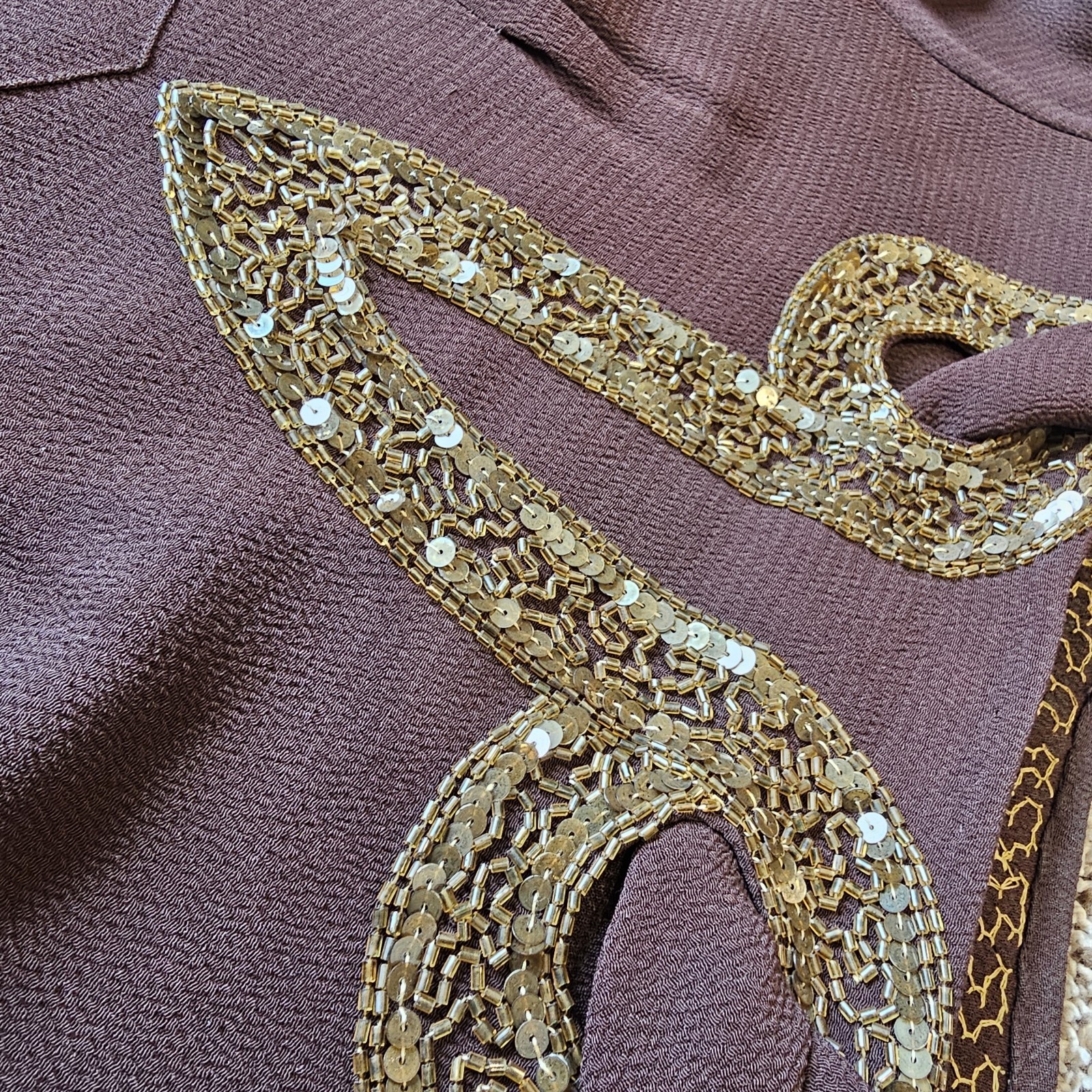 1930s Vintage Blue Eagle Brown Rayon Crepe Peplum Gold Beaded Dress Belt Set #90