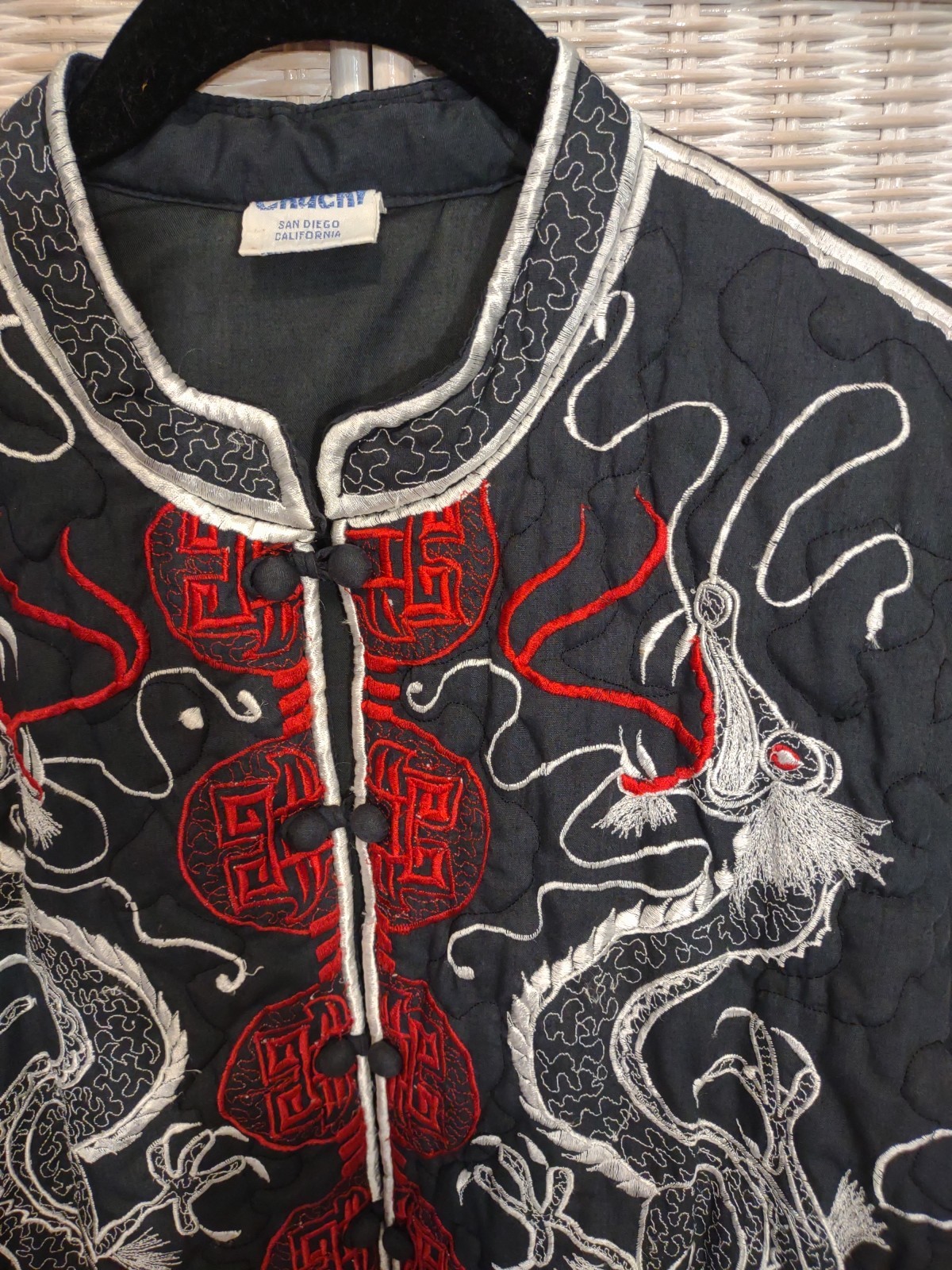Oriental Mandarin Dragons Embroidery Quilted Cotton Blend Jacket Black L