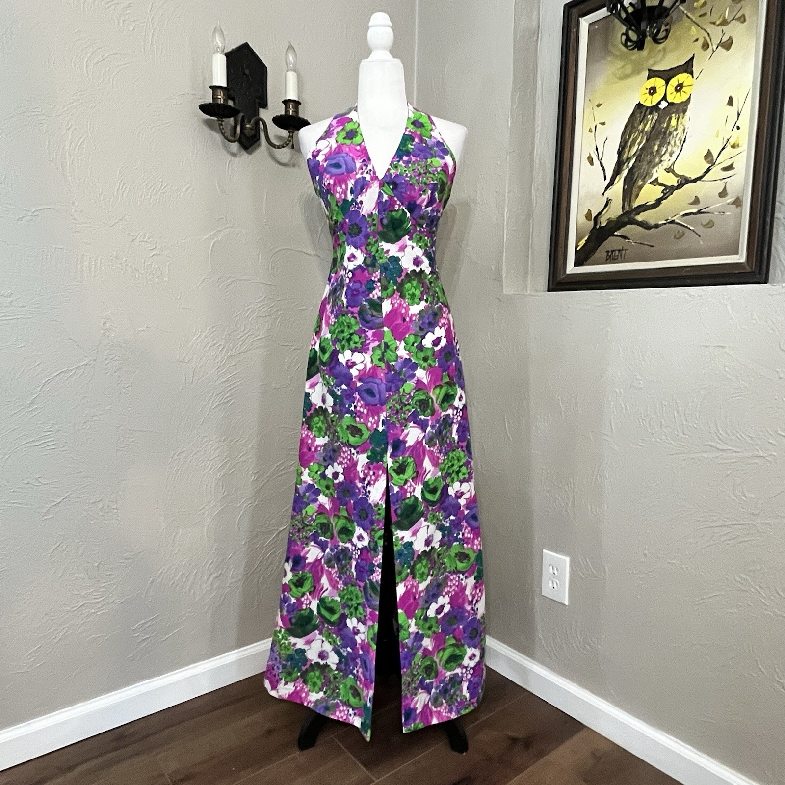 Vintage 70s floral halter neck maxi dress Spring Summer Vacation Handmade Small