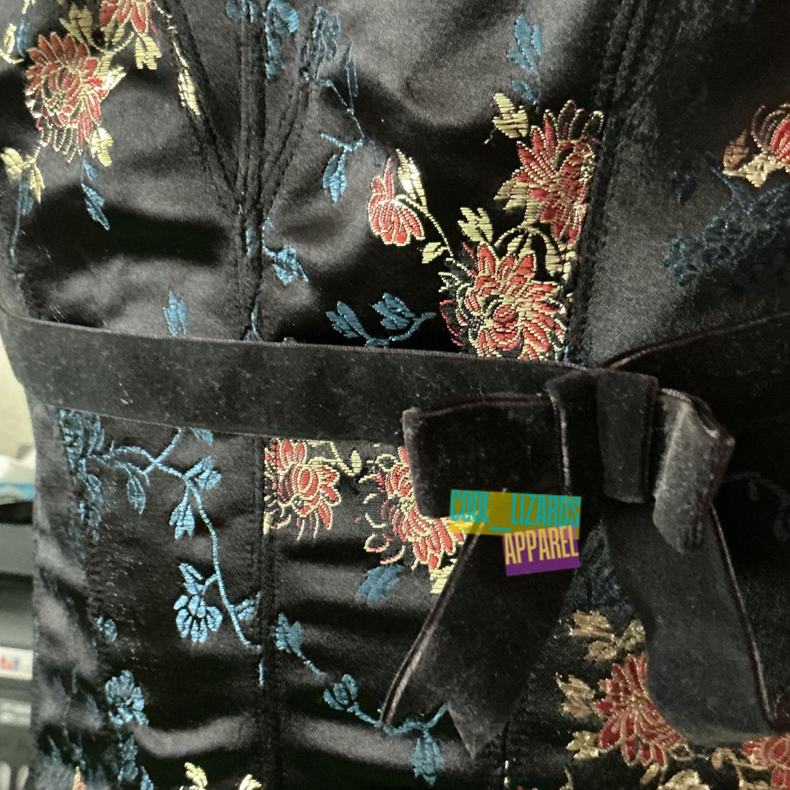 CORSET black size 40 floral brocade satin bow vintage bustier corset Asia