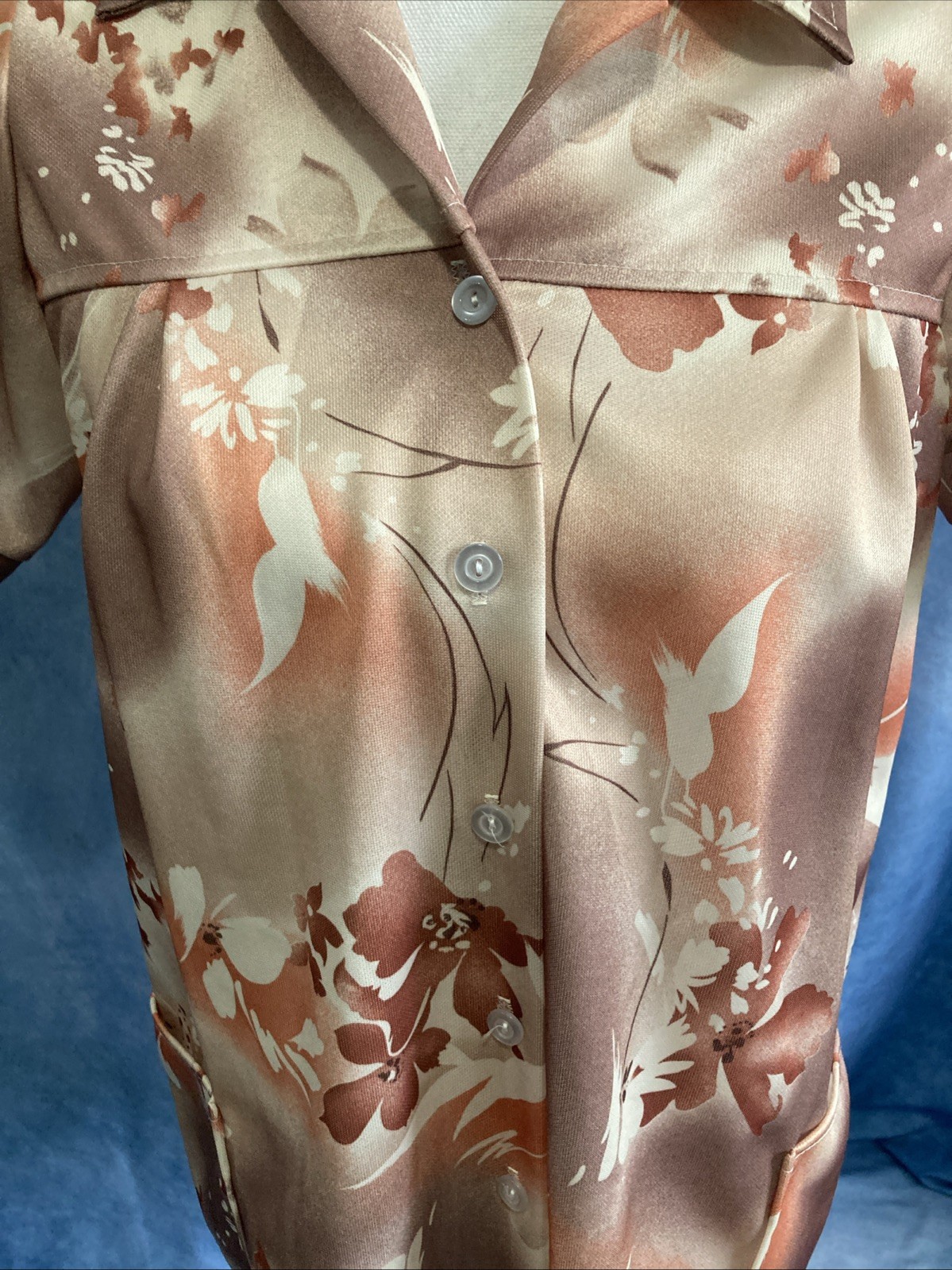 VTG 1970s Spoolworks Peach Floral Smock Tunic Shirt Utility Pockets S USA Retro
