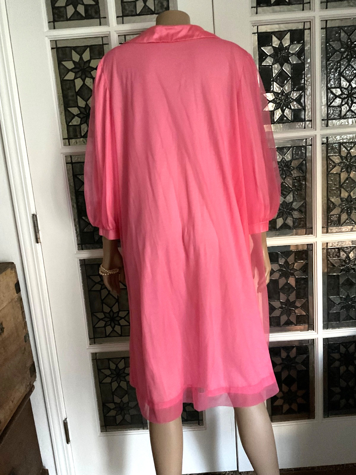 Vintage Robe Dressing Gown Double Layer Sheer Pink Nylon Chiffon Peignoir Robe M